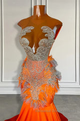 Orange Sleeveless Illusion Mermaid Semi Formal Prom Dresses With Beadings and Feather