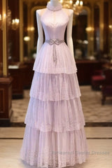 Fairy A Line High Neckline Pink Long Tulle Semi Formal Prom Dresses 22Th Birthday Outfit
