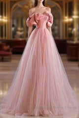 Fairy A Line Off The Shoulder Pink Tulle Semi Formal Prom Dresses For Teens