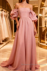 Fairy A Line Pink Long Semi Formal Prom Dresses Evening Dress