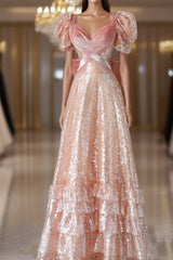 Fairy A Line Short Sleeves Sequin Long Semi Formal Prom Dress