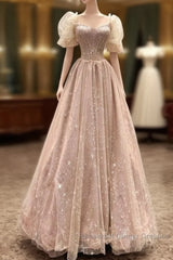 Fairy A Line Square Neckline Pink Tulle Semi Formal Prom Dresses For Teens