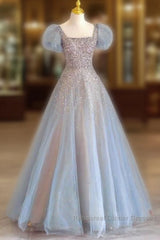 Fairy A Line Square Neckline Tulle Long Blue Semi Formal Prom Dress