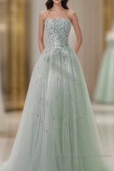 Fairy A Line Strapless Mint Green Long Tulle Semi Formal Prom Dresses 22Th Birthday Outfit