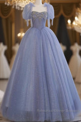 Fairy A Line Straps Tulle Long Blue Semi Formal Prom Dress