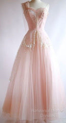 Fairy Ball Gown One Shoulder Pink Lace Semi Formal Prom Dresses Ankel Length Evening Dress