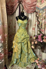 Fairytale Sage A-Line Mask Semi Formal Prom Dress Beaded Satin Evening Gown For Birthady&Graduation