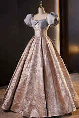 Fashion Floor-Length Printing Semi Formal Prom Dresses, A-Line Short Sleeve Backless Evening Formal Dresses