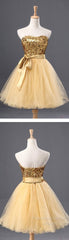 Fashion Gold Sequins Bow Sash Sweetheart Strapless Short Cute Homecoming Dresses