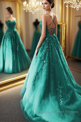 Fashion Green Lace Appliques Open Back Tulle Long Semi Formal Prom Dresses, Green Lace Formal Dresses, Green Evening Dresses