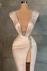Fashion Long V-neck Split Front Mermaid Evening Semi Formal Prom Dresses With Rhinestones