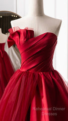 Fashion Tulle Satin Long Evening Dress Red Semi Formal Prom Dress