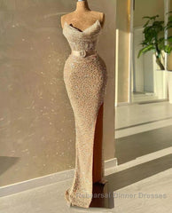 Strapless Sweetheart Mermaid Semi Formal Prom Dresses Dresses with Long Beads and Sequins