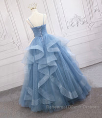 Blue Tulle Long Semi Formal Prom Dress Blue Evening Gown