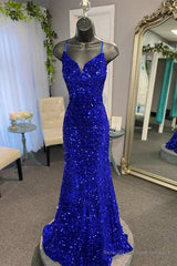 Spaghetti Straps Mermaid Sequin Long Evening Prom Dress