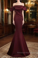 Burgundy Satin Long Semi Formal Prom Dress, Mermaid Off the Shoulder Evening Party Dress