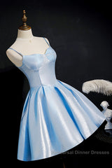 Blue satin short Semi Formal Prom dress homecoming dress