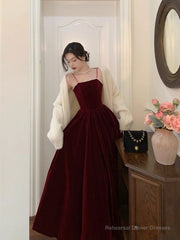 Spaghetti Straps Burgundy Velvet Prom Dress Simple Prom Dress Party Dress
