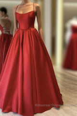 Red Satin Long Semi Formal Prom Dresses Simple A-line Evening Dresses Red Formal Gown