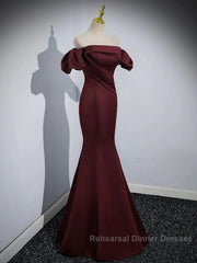 Burgundy Satin Long Semi Formal Prom Dress, Mermaid Off the Shoulder Evening Party Dress