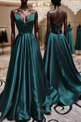 Elegant V Neck Spaghetti Straps A-line Dark Green Semi Formal Prom Dresses