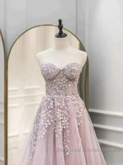 Floral Strapless Pink Lace Appliques Long Semi Formal Prom Dress