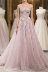 Floral Strapless Pink Lace Appliques Long Semi Formal Prom Dress