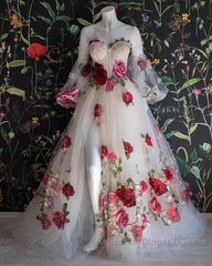 Flowers Appliques Princess A Line Champagne Semi Formal Prom Dress With Slit