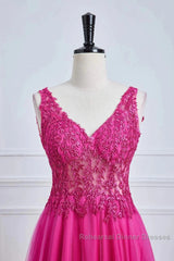 Fuchsia A-Line Long Semi Formal Prom Dress Plunging V Neck Floral