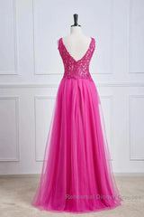 Fuchsia A-Line Long Semi Formal Prom Dress Plunging V Neck Floral