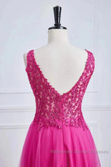 Fuchsia A-Line Long Semi Formal Prom Dress Plunging V Neck Floral