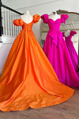 Fuchsia A Line Long Semi Formal Prom Dress with Puff Sleeves