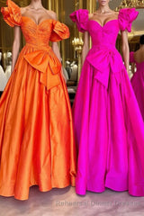 Fuchsia A Line Long Semi Formal Prom Dress with Puff Sleeves