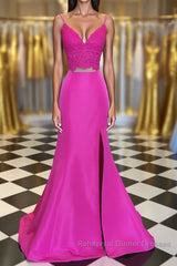 Fuchsia V Neck Two Pieces Mermaid Lace Top Satin Long Semi Formal Prom Dresses with Slit, Mermaid Lace Fuchsia Formal Graduation Evening Dresses