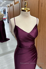 Cabernet Satin V Neck Lace-Up Back Pleated Long Semi Formal Prom Dresses with Silt