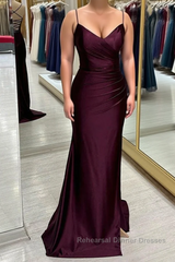 Cabernet Satin V Neck Lace-Up Back Pleated Long Semi Formal Prom Dresses with Silt