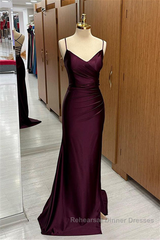 Cabernet Satin V Neck Lace-Up Back Pleated Long Semi Formal Prom Dresses with Silt