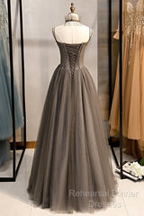 Glam Grey Beaded Tulle Long Evening Dress Party Dress, A-Line Straps Evening Formal Dresses