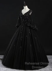 Glam Tulle With Lace Applique Ball Gown Sweet 16 Dress, Beaded Semi Formal Prom Dresses Evening Dress