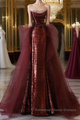Glam Wine Red Sequins And Tulle Long Party Dresses, Wine Red Evening Dresses Semi Formal Prom Dresses