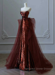Glam Wine Red Sequins And Tulle Long Party Dresses, Wine Red Evening Dresses Semi Formal Prom Dresses
