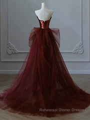 Glam Wine Red Sequins And Tulle Long Party Dresses, Wine Red Evening Dresses Semi Formal Prom Dresses
