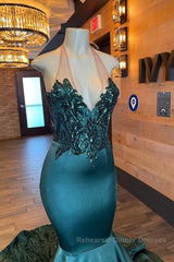 Glamorou V-Neck Sleeveless Halter Mermaid Semi Formal Prom Dresses With Beading