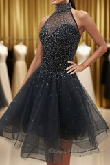 Glamorous A Line High Neck Beaded Tulle Short Black Semi Formal Prom Dresses, Beaded Black Homecoming Dresses, Black Short Formal Graduation Evening Dresses