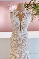 Glamorous Long Mermaid Bateau Appliques Lace Tulle Wedding Dresses
