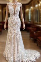 Glamorous Long Mermaid Bateau Appliques Lace Tulle Wedding Dresses