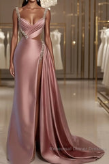 Pink Sweetheart Spaghetti Strap Semi Formal Prom Dress with High Slit Trail