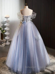 Glitter A-Line Off Shoulder Tulle Flower Quinceanera Dress Blue Long Semi Formal Prom Dress Beautiful