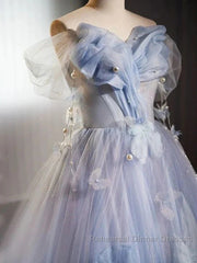 Glitter A-Line Off Shoulder Tulle Flower Quinceanera Dress Blue Long Semi Formal Prom Dress Beautiful
