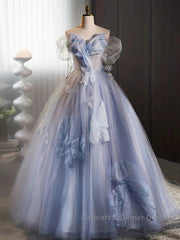 Glitter A-Line Off Shoulder Tulle Flower Quinceanera Dress Blue Long Semi Formal Prom Dress Beautiful